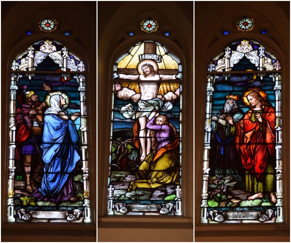 Set of 3 Older German Stained Glass Church Windows, Crucifixion (N16) chalice co