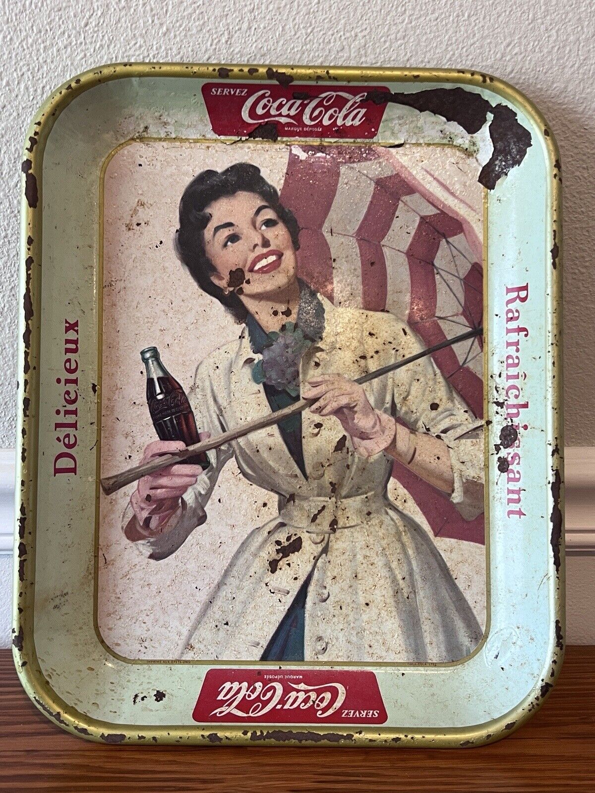 1957 Coca Cola Coke French Canadian Umbrella Girl Metal Serving Tray