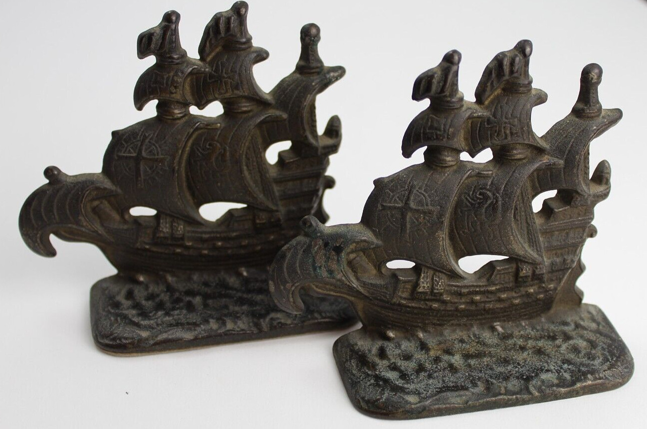 Pirate Galleon Copr 1928 Antique Sailing Clipper Ships Bookends Pair Cast Metal