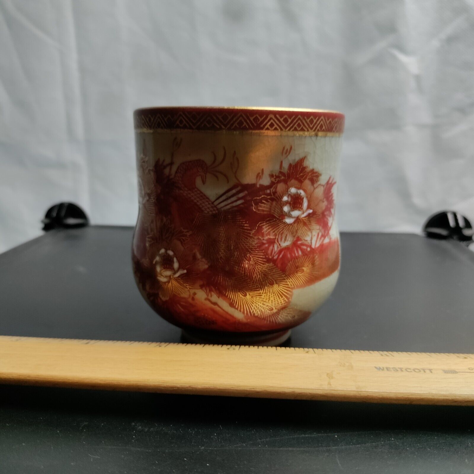 Japanese Ceremonial Tea Cup Kutani Orange Gray Porcelain Vintage Marked