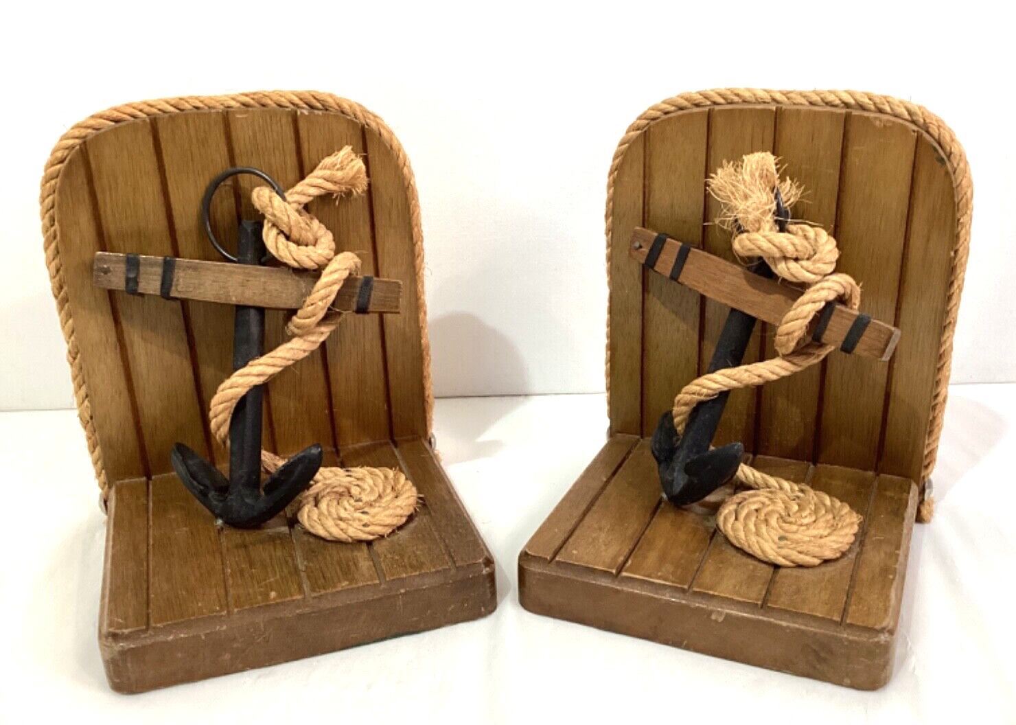 Vintage Nautical Wooden Bookends Handcrafted Anchors