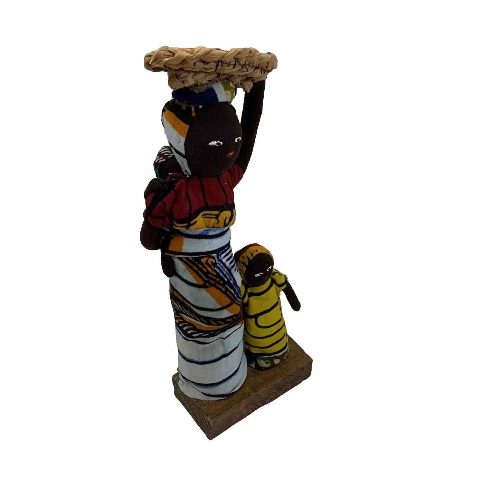 Vintage African Woman Holding Basket On Head Pregnant With Baby And Child Doll