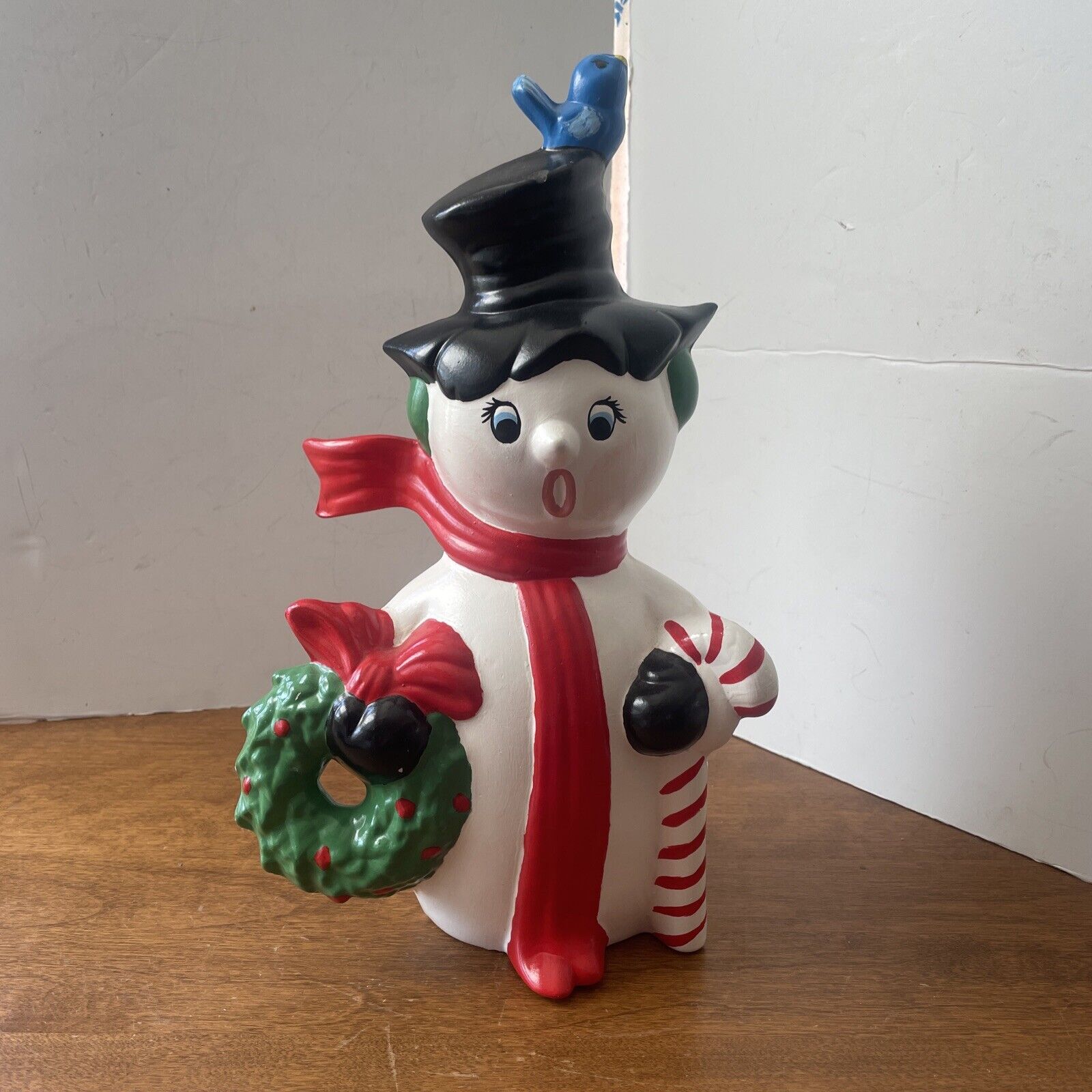 Vintage Ceramic Snowman Frosty Mold 13” Top Hat Candy Cane Scarf Hand Painted