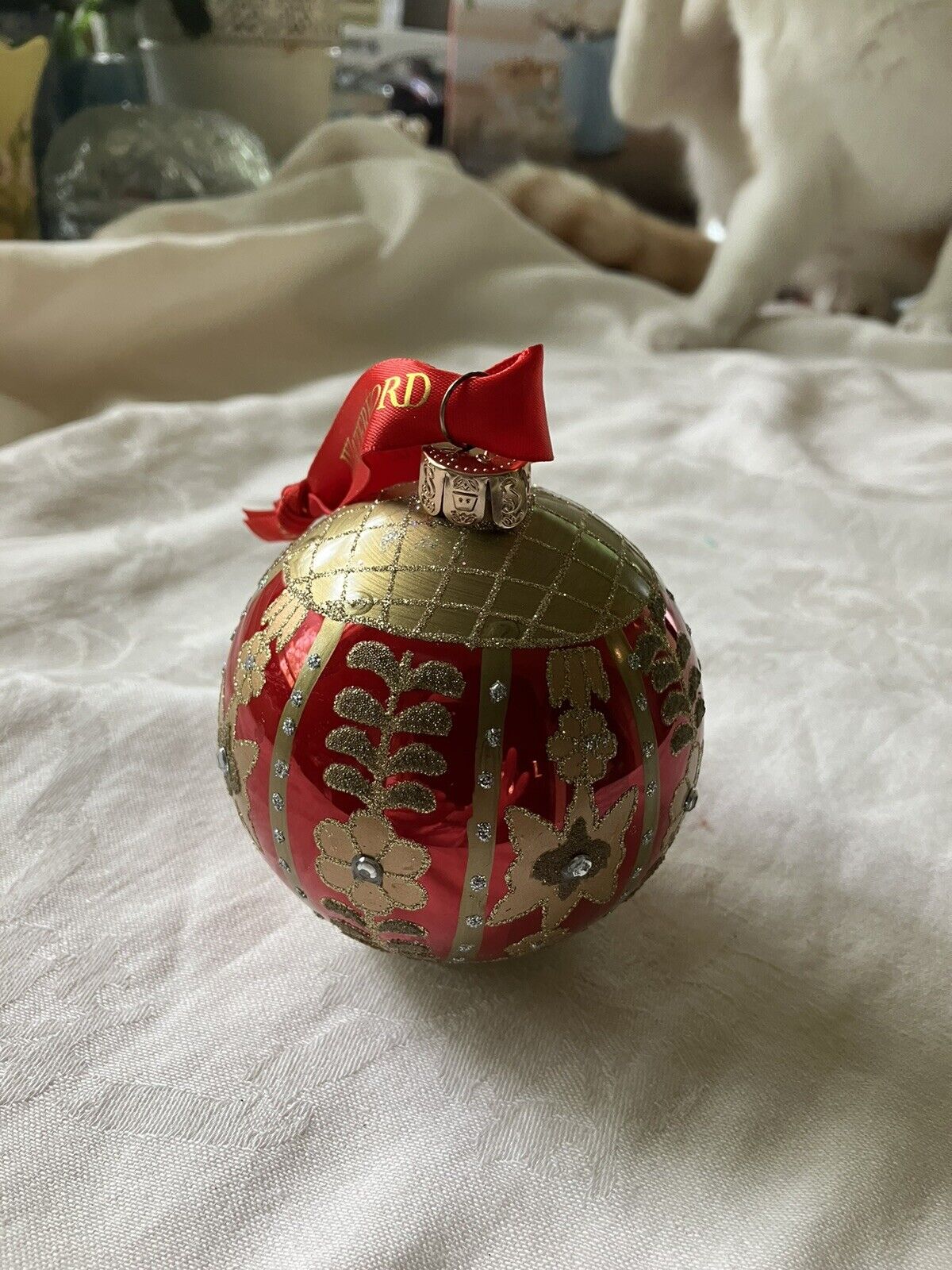 Waterford Holiday Heirlooms Crimson And Gold Bejeweled Glass Christmas Ornament