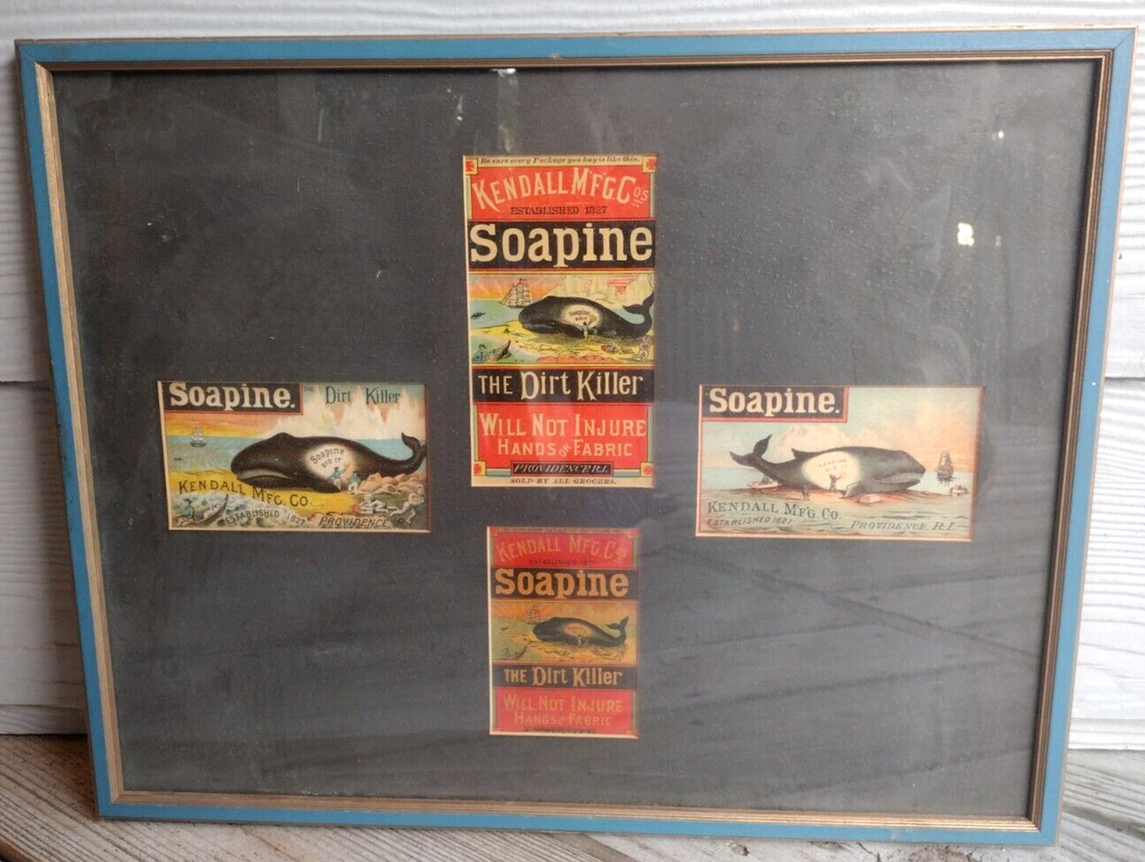 Set of 4 Colorful Framed Antique Lithograph Soapine Soap Box Labels w/Whales