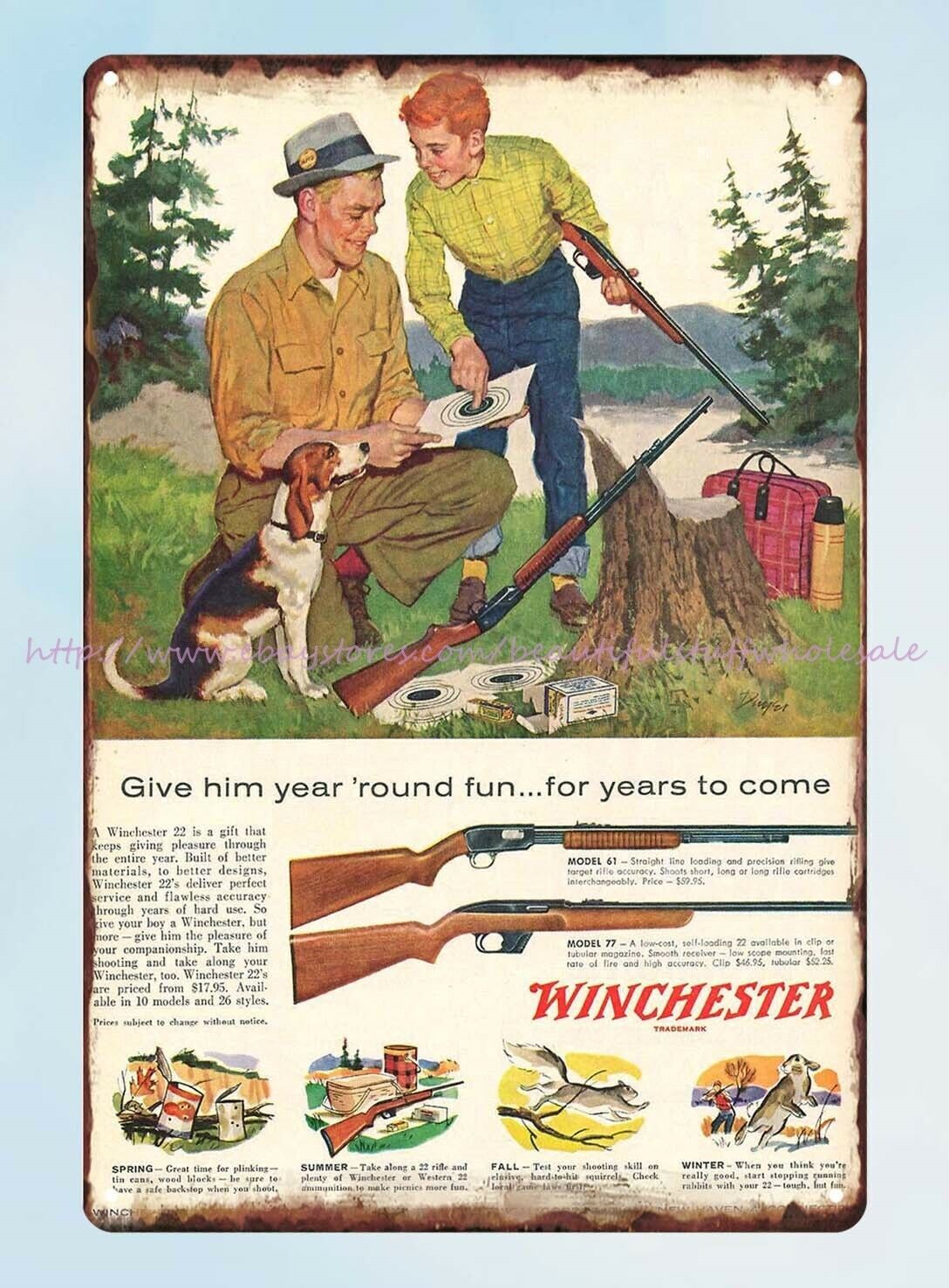 Give him year round fun firearm hunting gun Winchester 1958 tin sign plaque