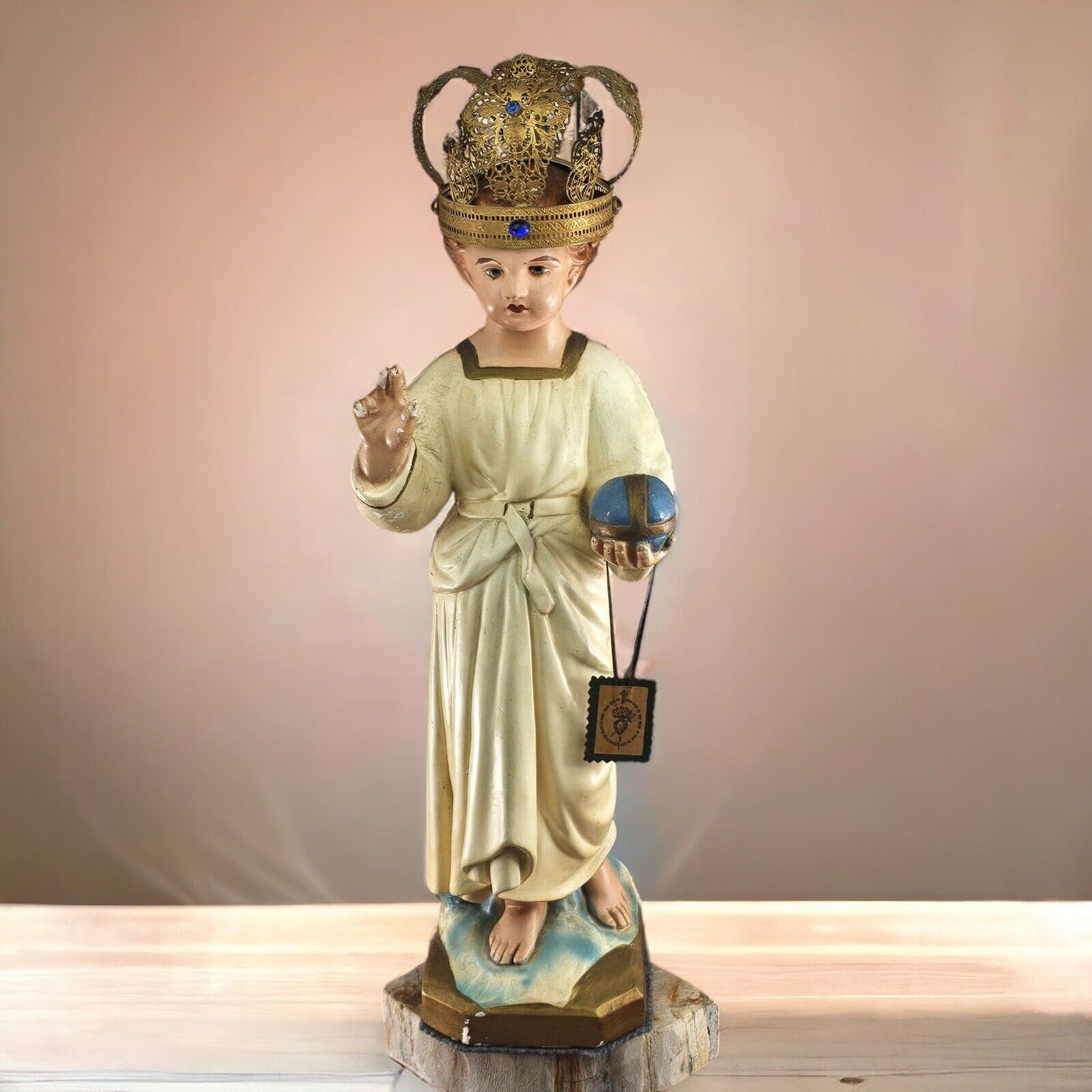 VTG Infant Of Prague Jesus Chalkware Statue 20 in Tall Gold Jeweled Crown READ