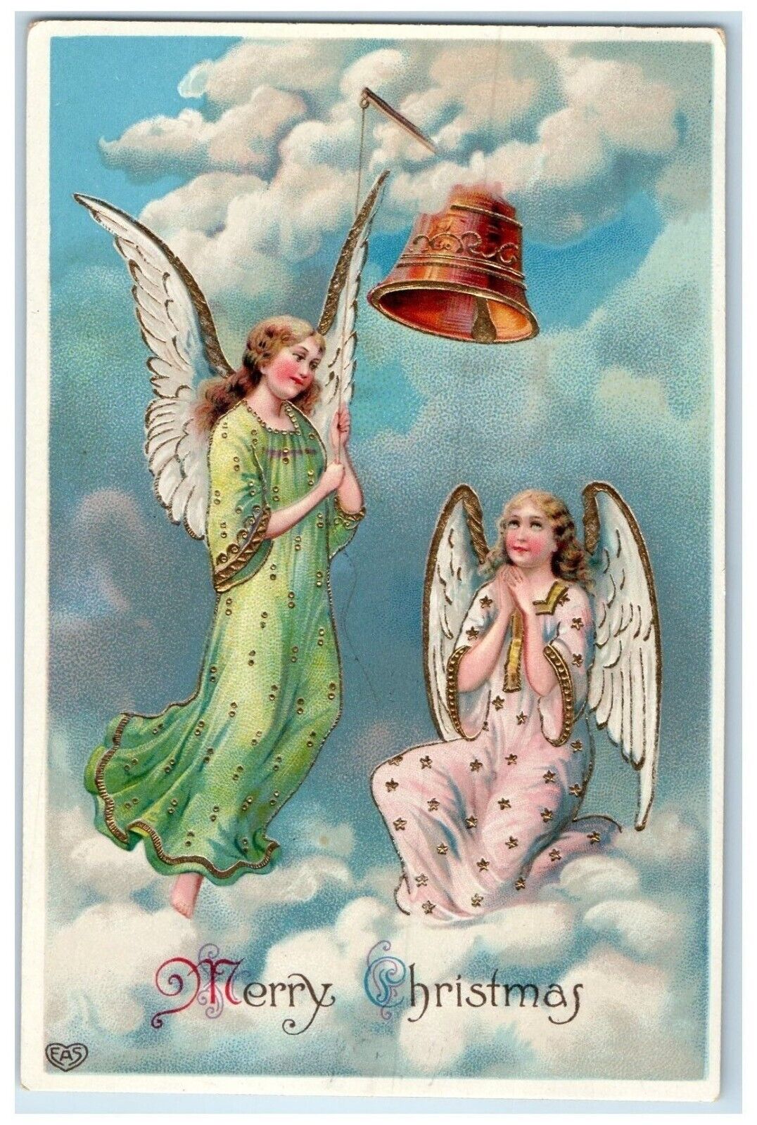 c1910's Merry Christmas Angels Ringing Bell EAS Gel Gold Gilt Embossed Postcard