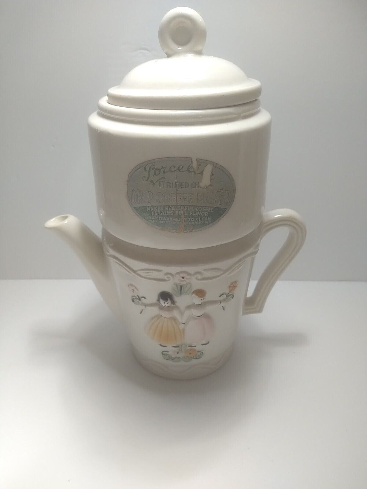 Porcelier Drip O Lator Vitreous China Dutch Couple Pour Over Tea Pot Complete