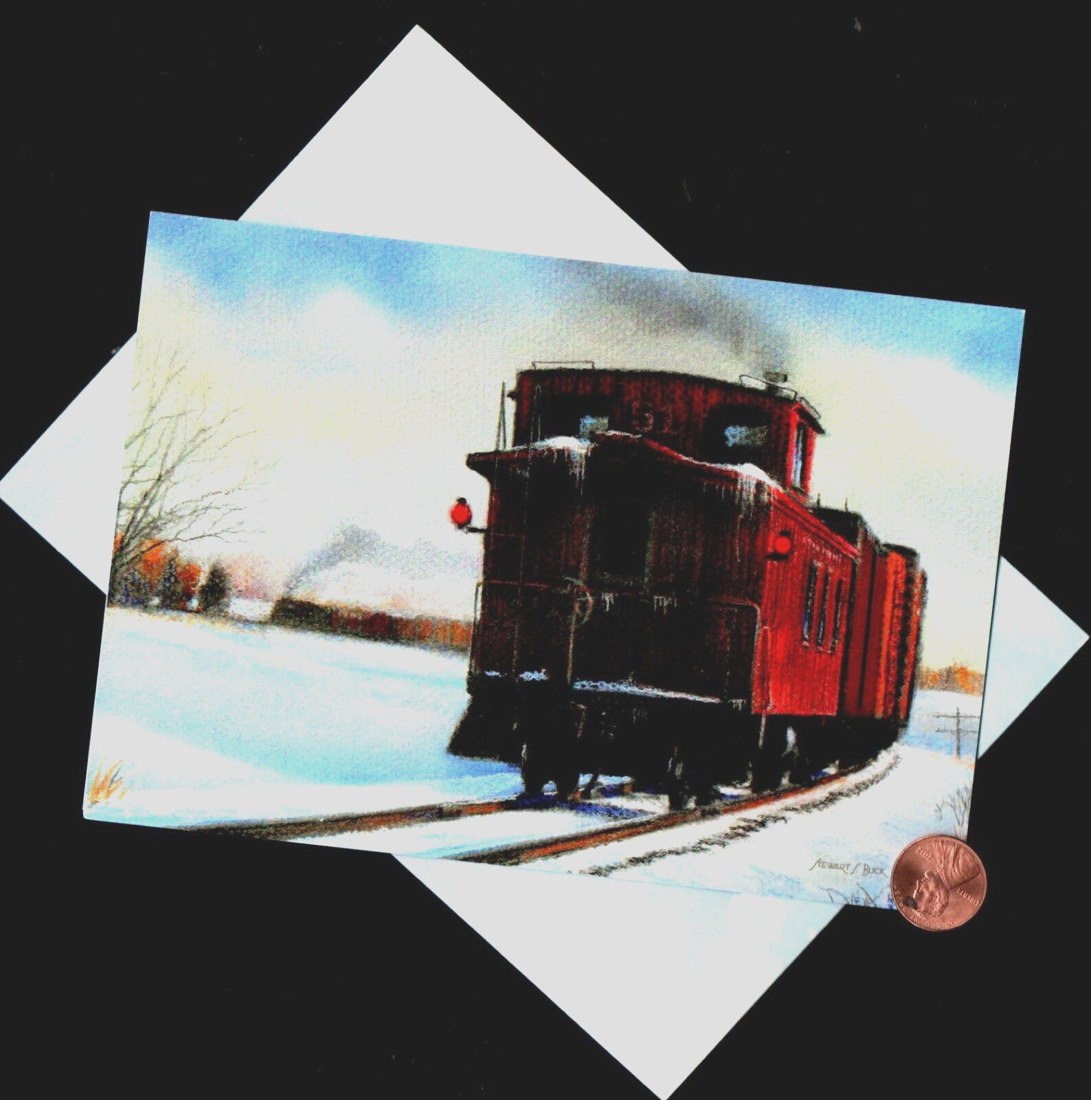 HTF CHRISTMAS WINTER WAY FREIGHT Red Train Snowing Tracks  - Greeting Card