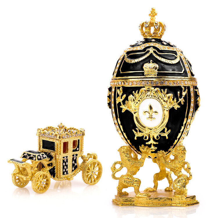 Royal Imperial Black Faberge Egg Replica Extra Large 6.6 inch + Carriage by Vtry