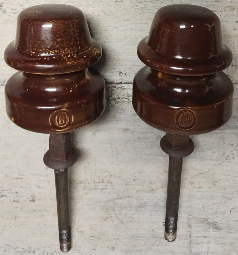 (2) Vintage Brown Ceramic High Voltage Electric Insulators & Original Hangers