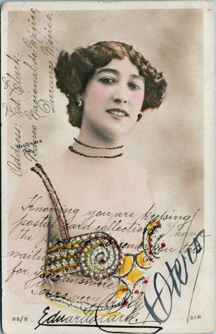 ANTIQUE RPPC POSTCARD  MEXICO 1905 NOVELTY  WOMAN  SPARKLES  BRA  EARRINGS