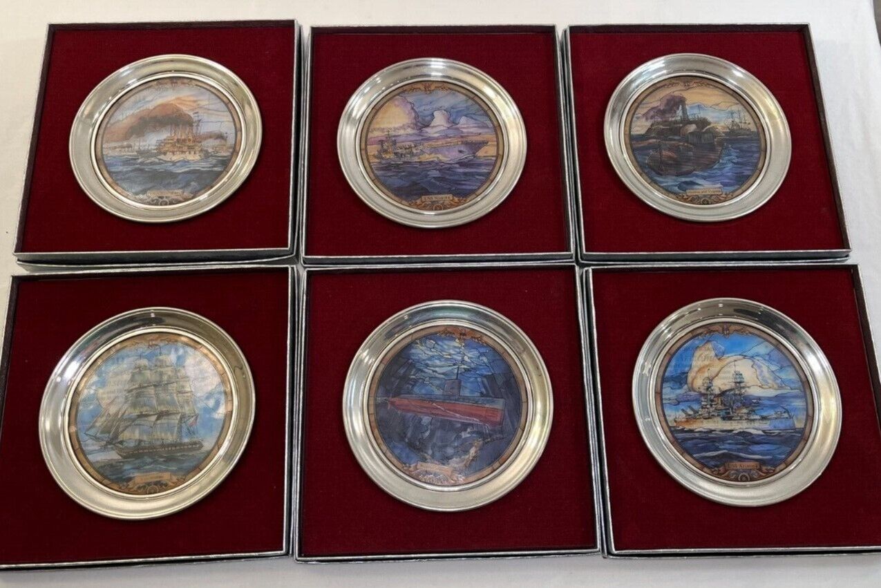 Fighting Ships of the US Navy Stained Glass & Pewter Plate Series(all 6) in box 