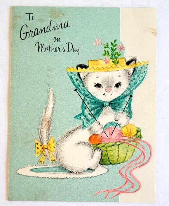 Vintage Adorable Cat Fancy Hat Knitting Grandma Mother's Day Hallmark Card 