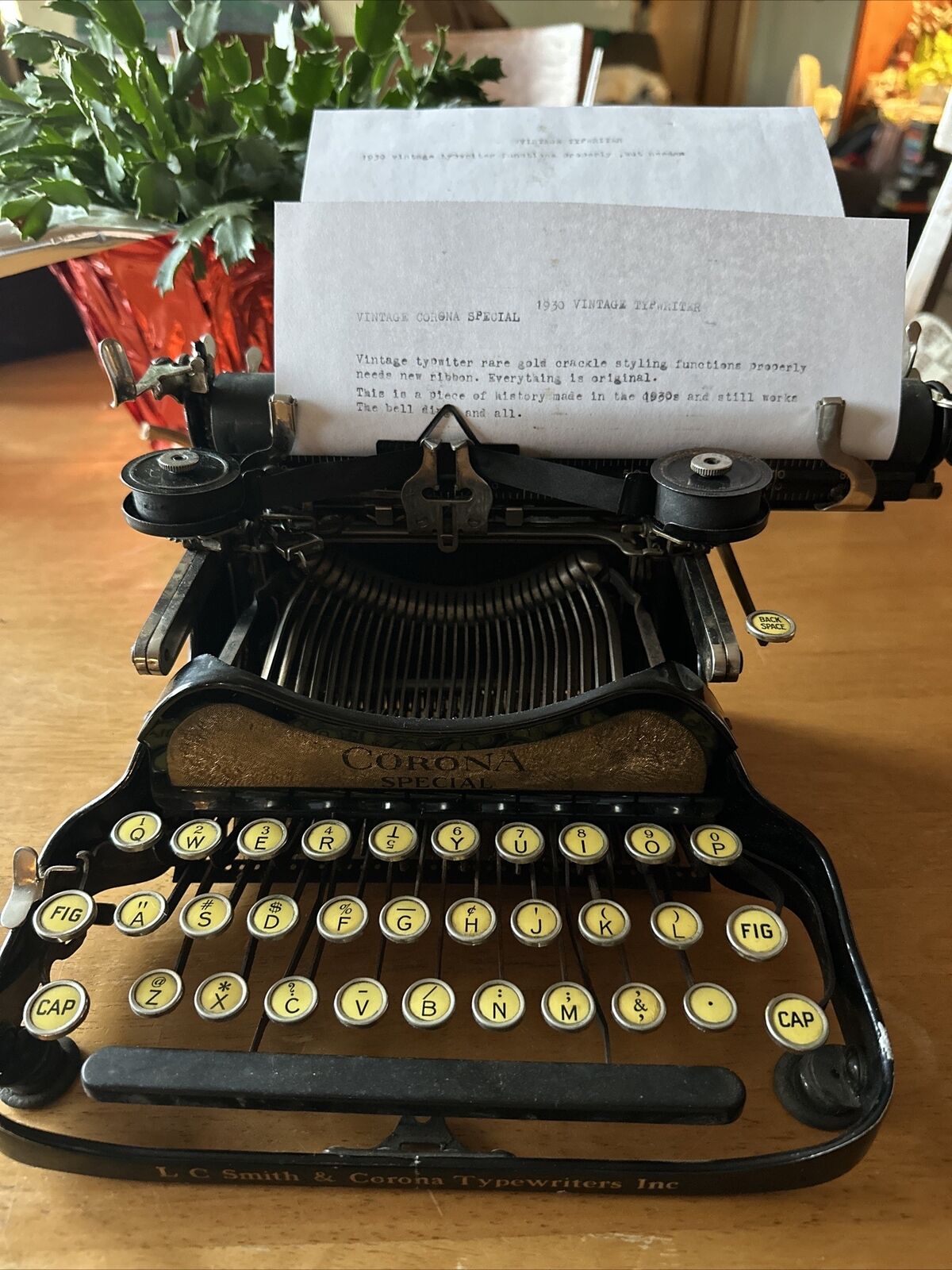 1930’s Vintage Corona Special Typewriter With Gold Crackle Accents