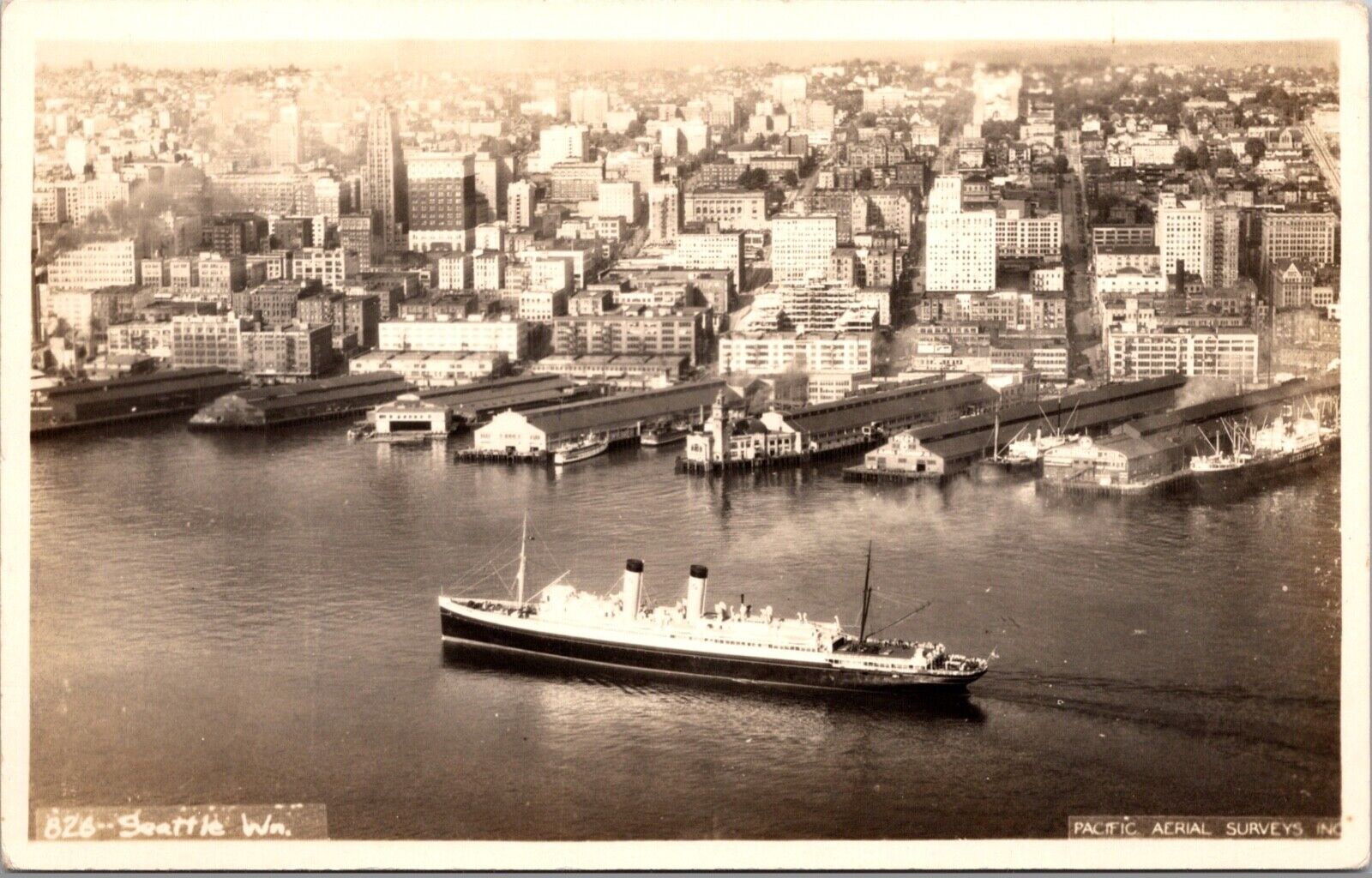 Real Photo Postcard Aerial View of Steamship and Seattle, Washington