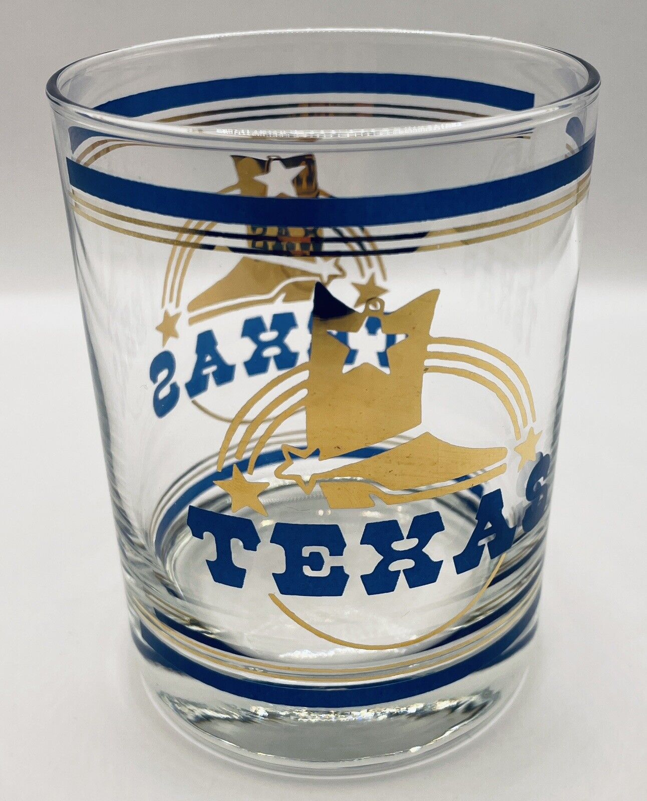 Vintage Texas Cocktail Glass Cowboy Boot Spurs Blue Gold