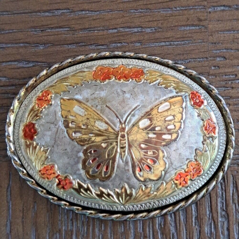 Orange Gold Cloisonne Butterfly Belt Buckle Vintage Southwestern Cowgirl Rodeo