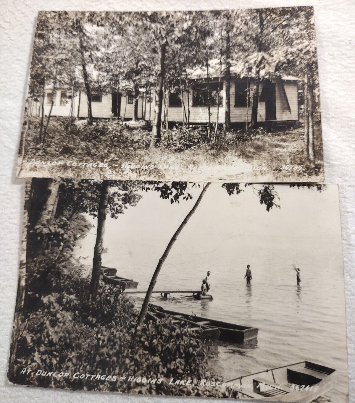 2 Vtg 1945 RPPC Higgins Lake UP Cabin Roscommon Michigan Camping Dunlop Cottage