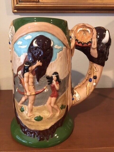 Native American Design JUMBO Stein Hand Painted 3D Beautiful MINT Condition