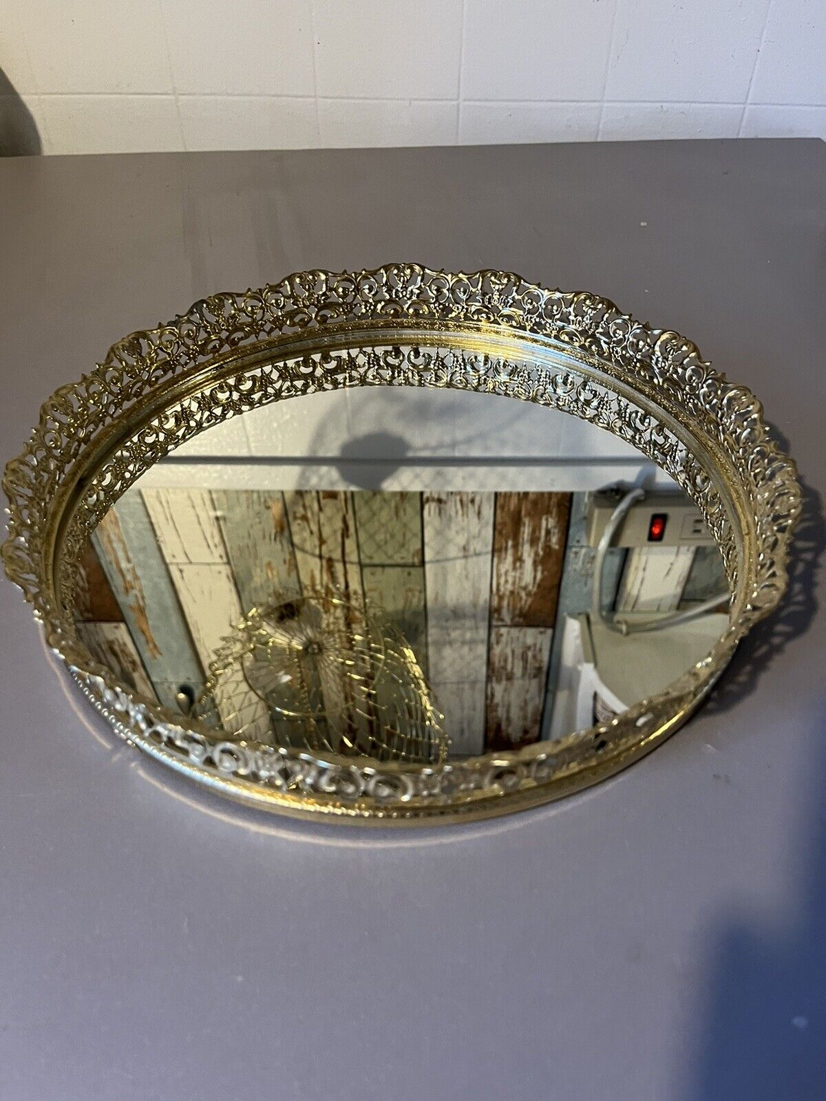 Vintage Gold Tone Round Filigree Vanity Mirror