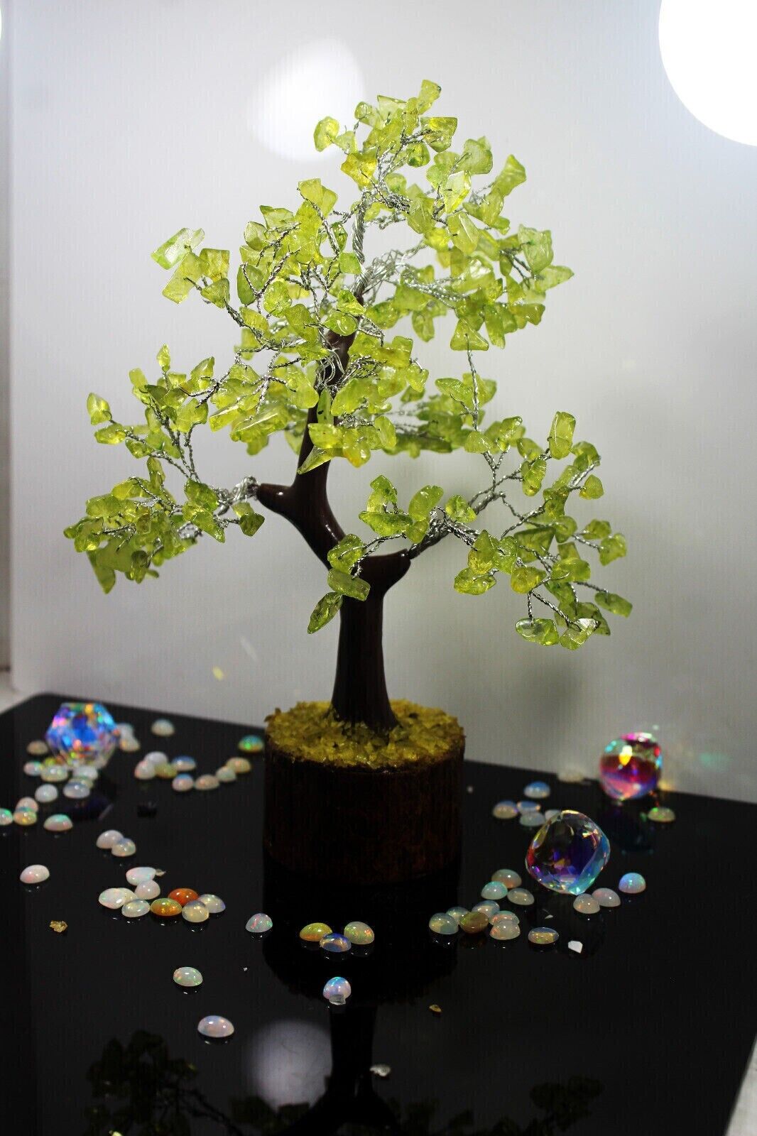 Natural Peridot Crystal Money Tree Bonsai Healing Reiki Stone Decoret tree R1