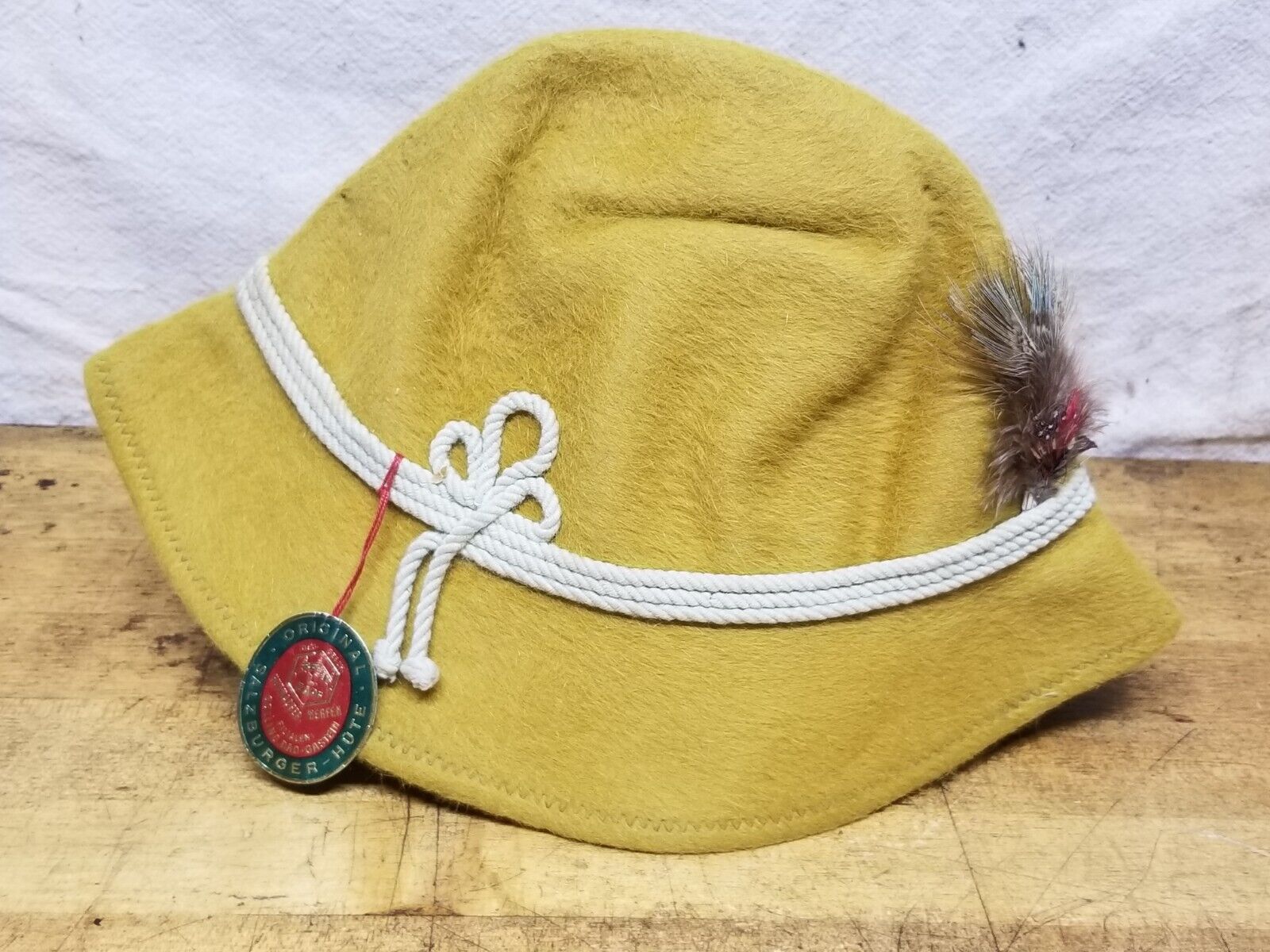 Vintage German Hat Bavaria Alpine Original SALZBURGER-HUTE Yellow with Feather