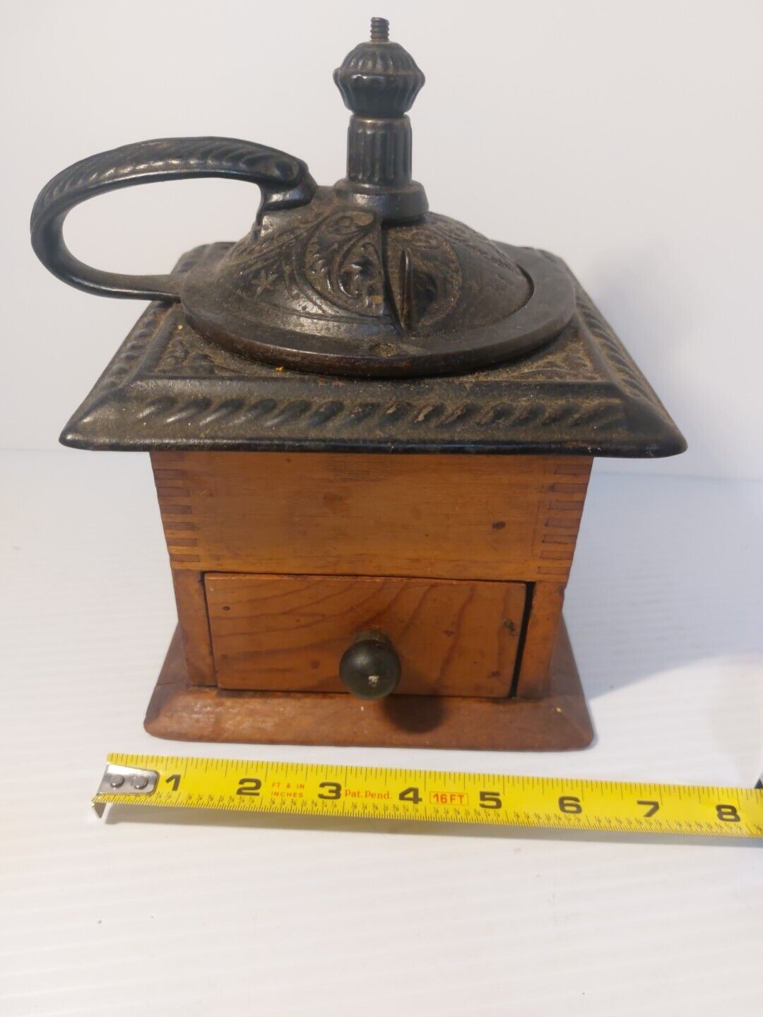 Vintage Coffee Grinder Cast Iron Hand Crank Dovetailed Wood Box With Drawer