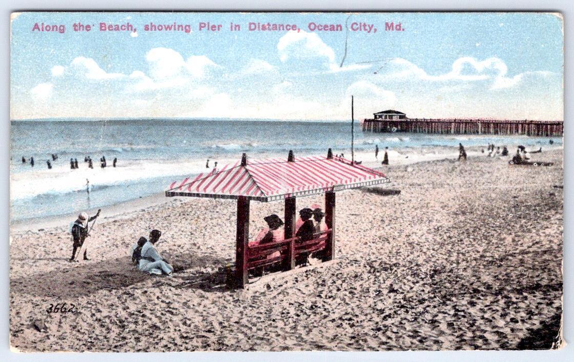 1910's OCEAN CITY MD MARYLAND ALONG BEACH PIER IN DISTANCE CHESSLER POSTCARD