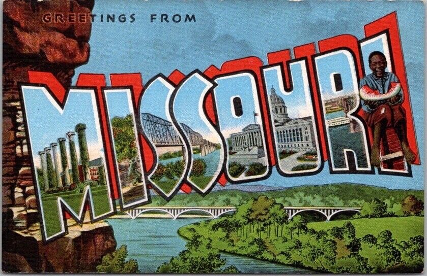 Vintage MISSOURI Large Letter LINEN Postcard Bridge Scene - c1940s Unused