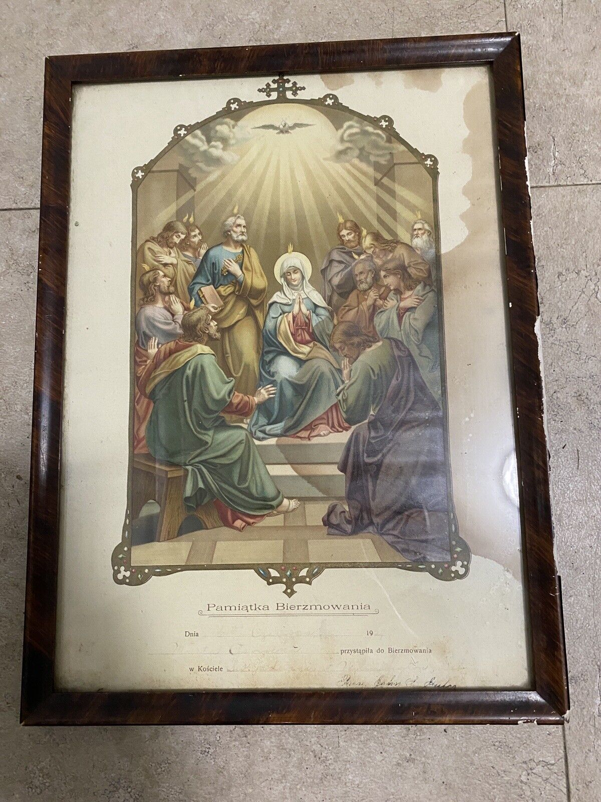 Antique 1927 Polish Catholic Confirmation Lithograph Certificate Print