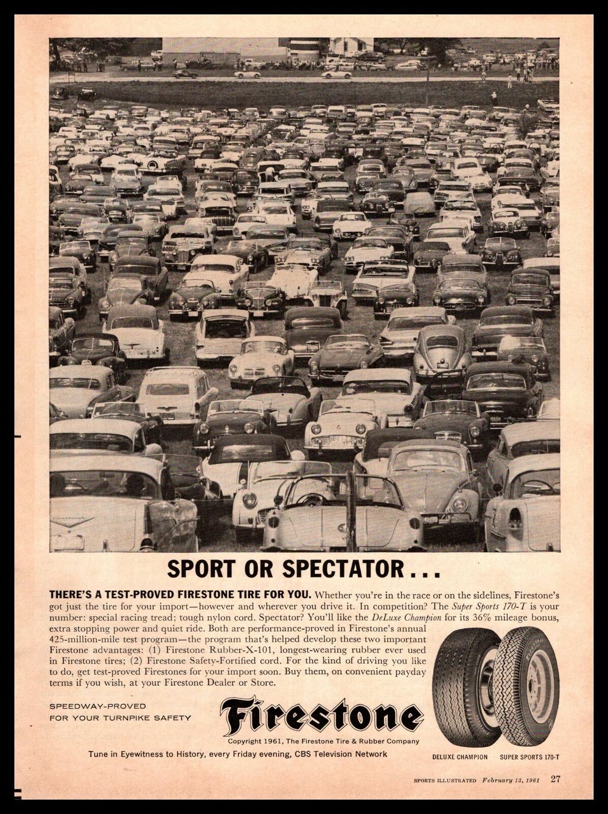 1961 Firestone Tire DeLuxe Champion Super Sports 170-T Tires Vintage Print Ad