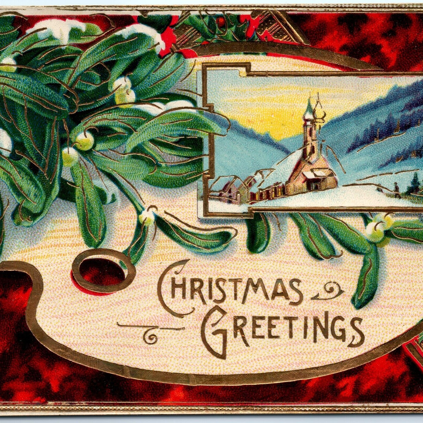 c1910s Christmas Greetings Gel Gold Gilt Embossed Church Postcard Holly Xmas A66