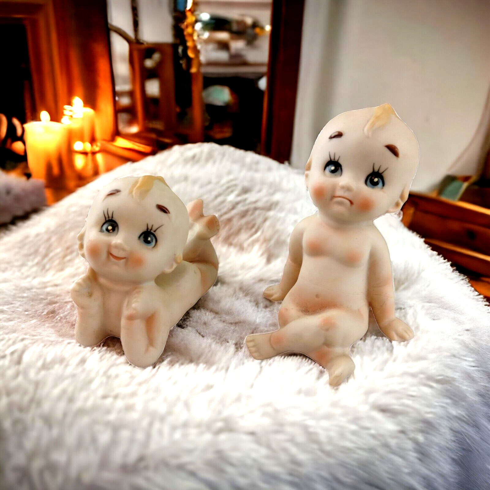 TWO Adorable Vintage Porcelain Bisque KEWPIE Doll Piano Baby Figure Figurine