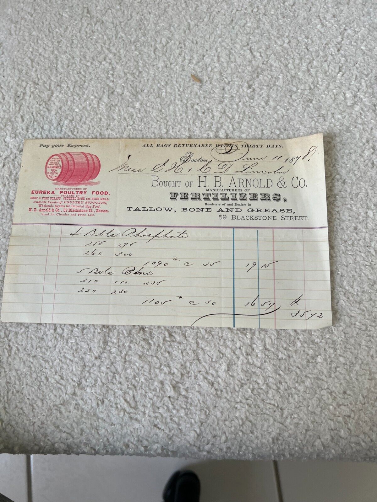 1878 Original Antique purchase receipt & payment by Eureka Poultry Co.BOSTON