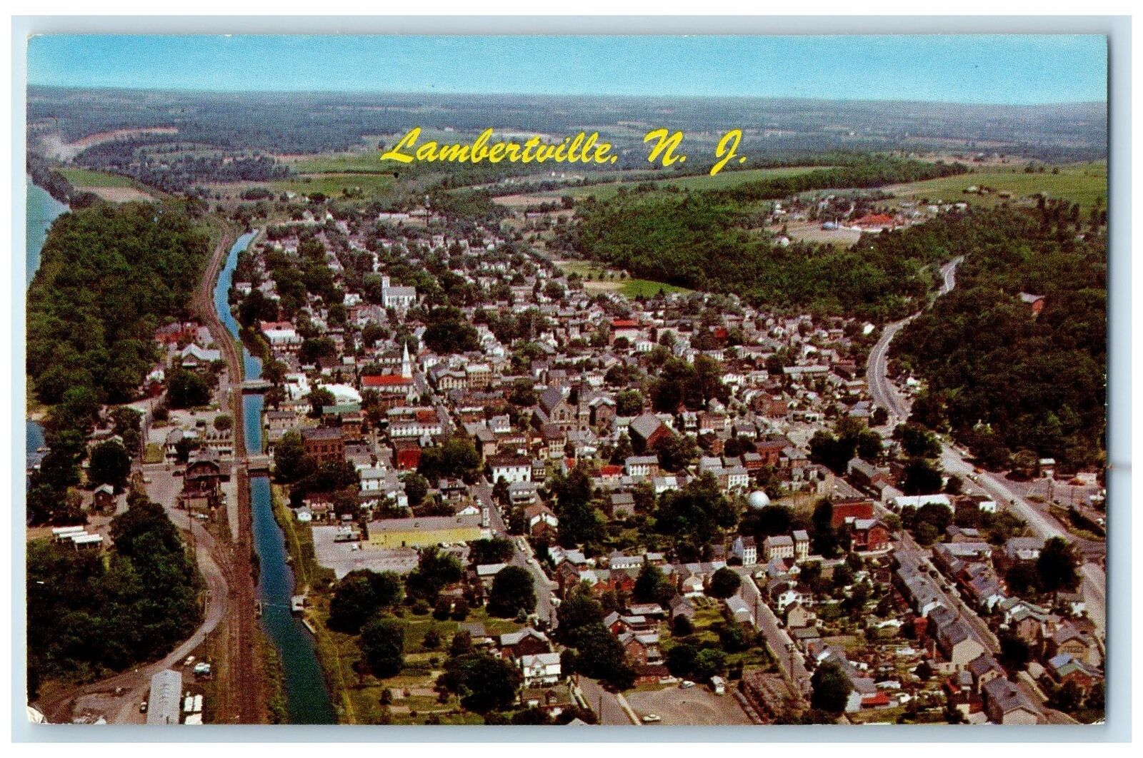 c1950's Aerial View Lake Buildings Roads Of Lambertville New Jersey NJ Postcard