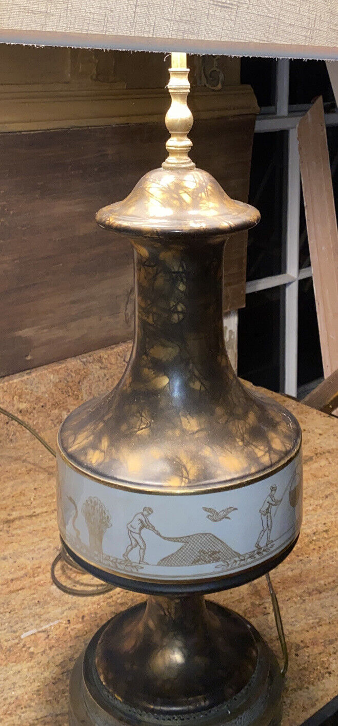 french empire hand painted Art glass table Lamp MCM bronze swirl, roman images