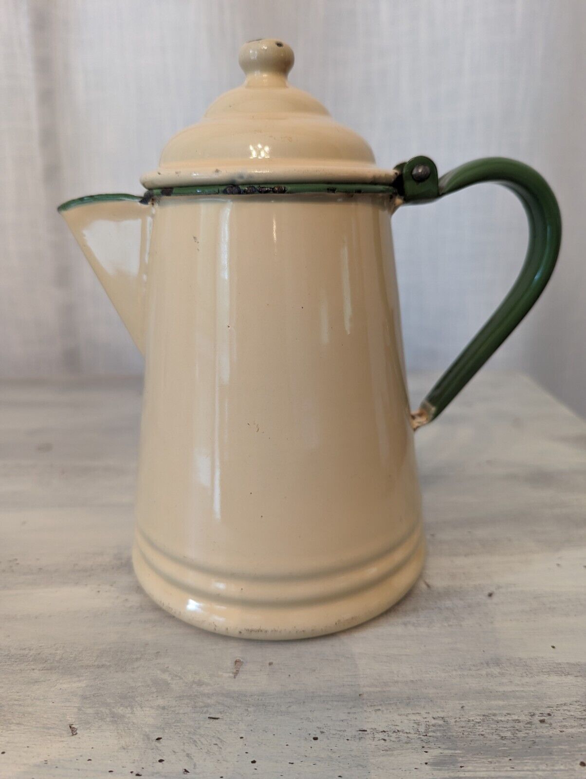 Vintage Cream & Green Enamel Ware Coffee Pot