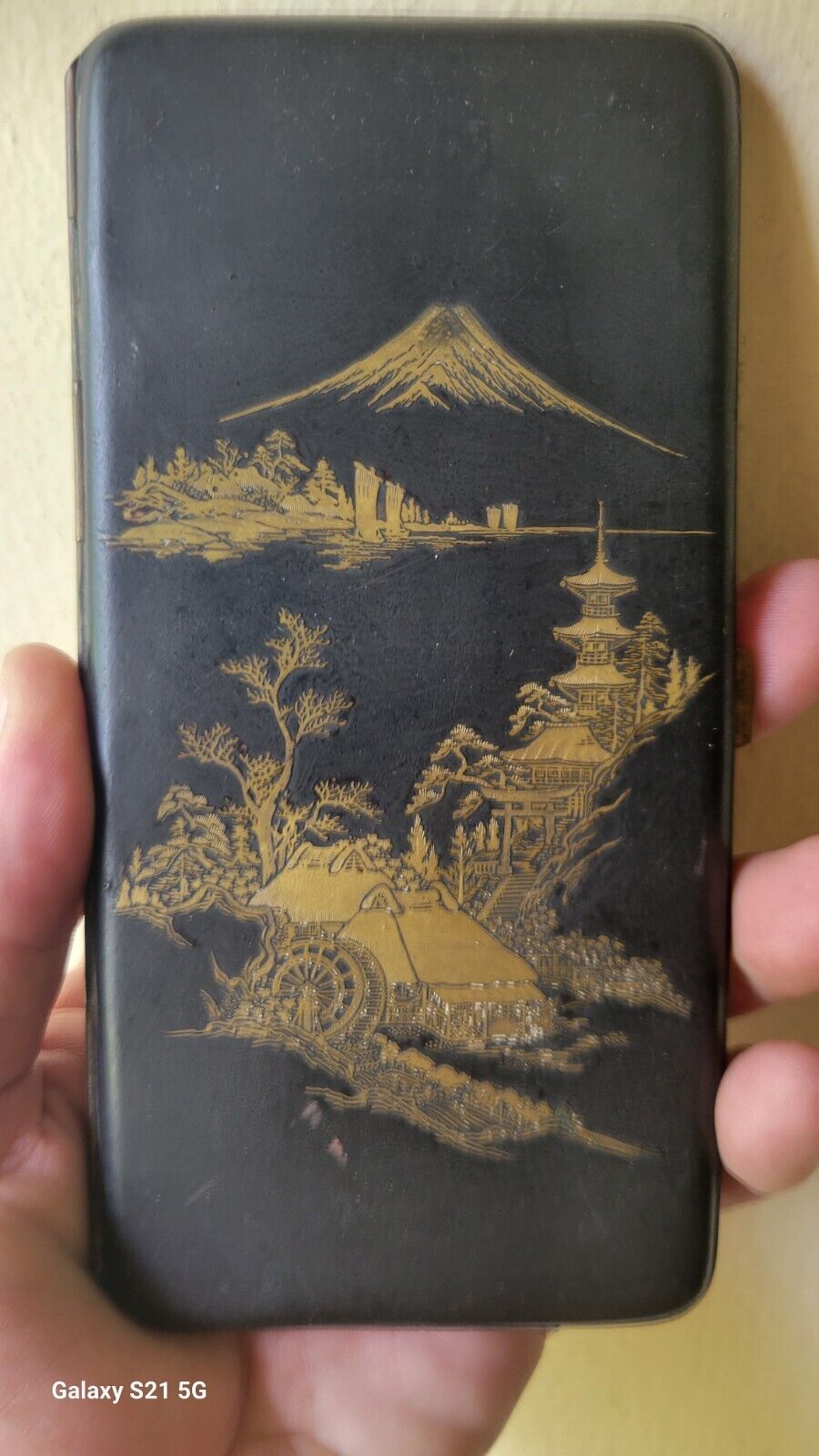 Antique Vintage Japanese Cigarette Case Card Case Damascene Mount Fuji Scene 