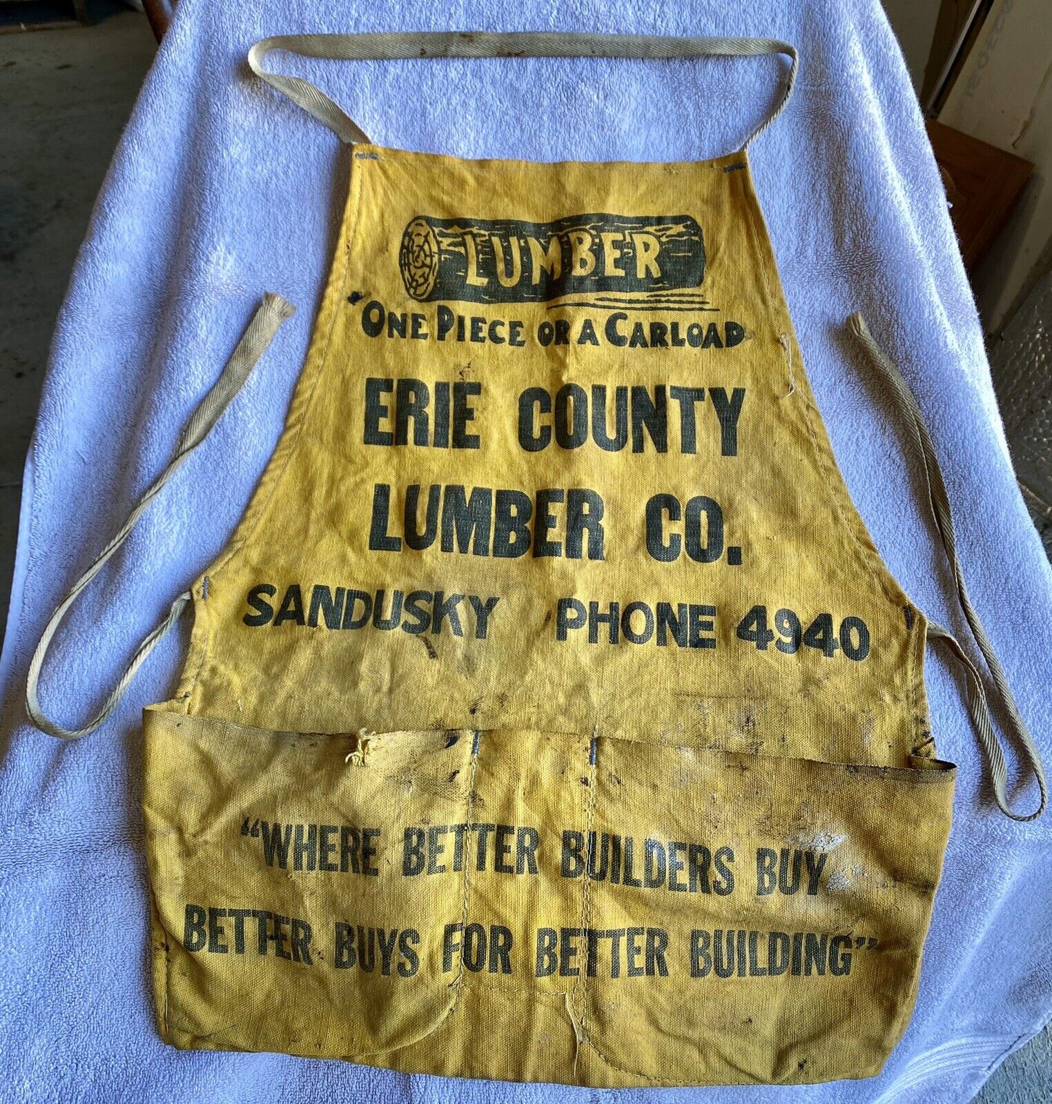 Vintage Canvas Carpenter’s Apron ERIE COUNTY LUMBER CO. Sandusky Ohio