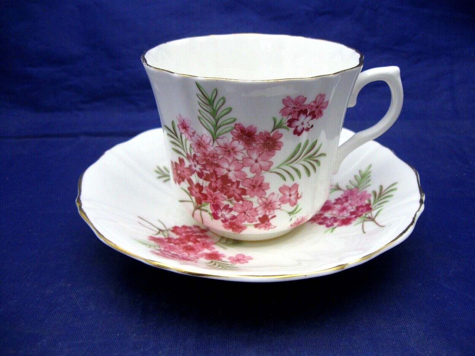 VINTAGE OLD ROYAL BONE CHINA TEA CUP AND SAUCER - RIBBED W SM PINK FLOWERS