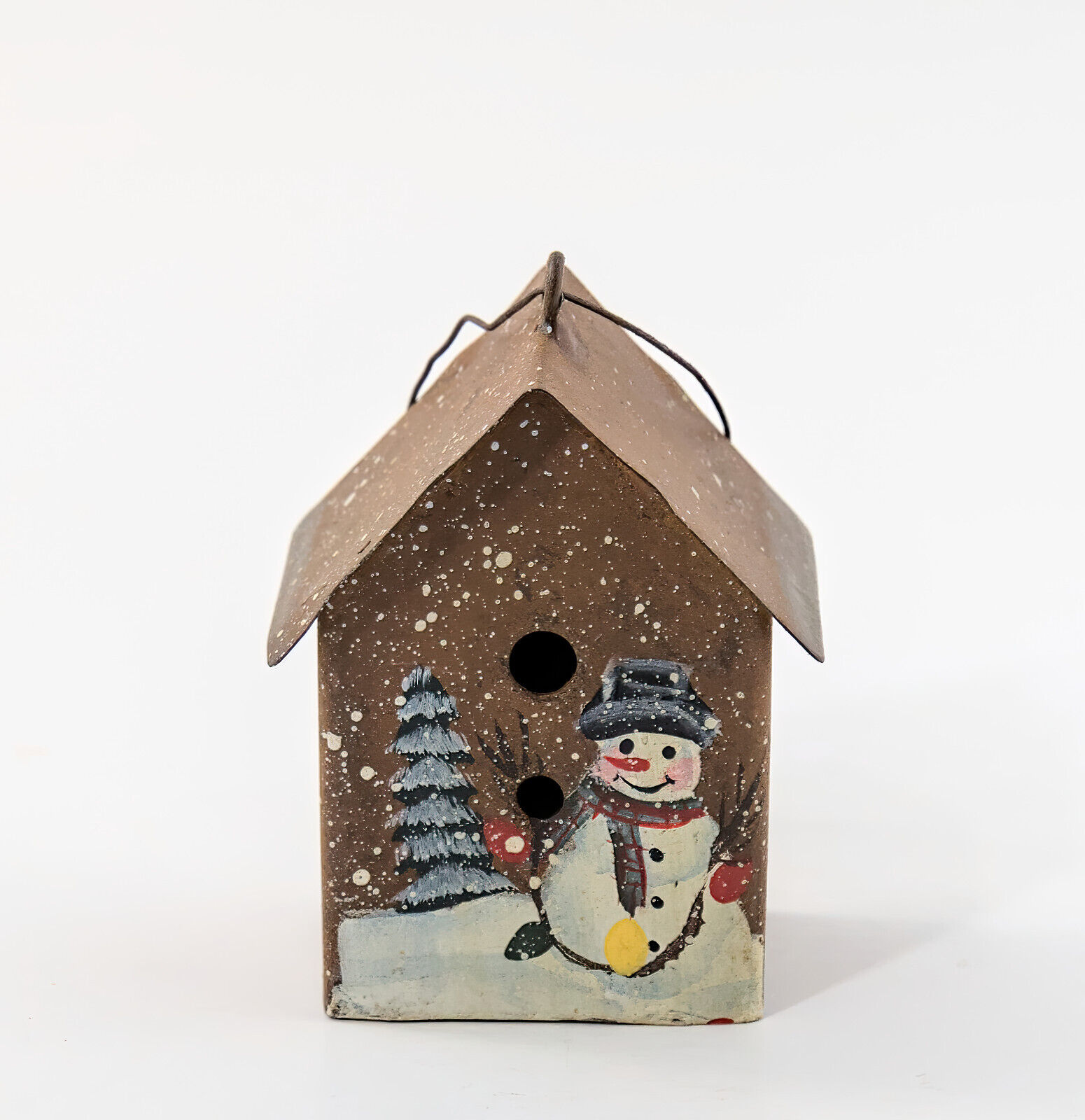 Christmas Ornament Tin Bird House with Hand Painted Snowman Scene 2\