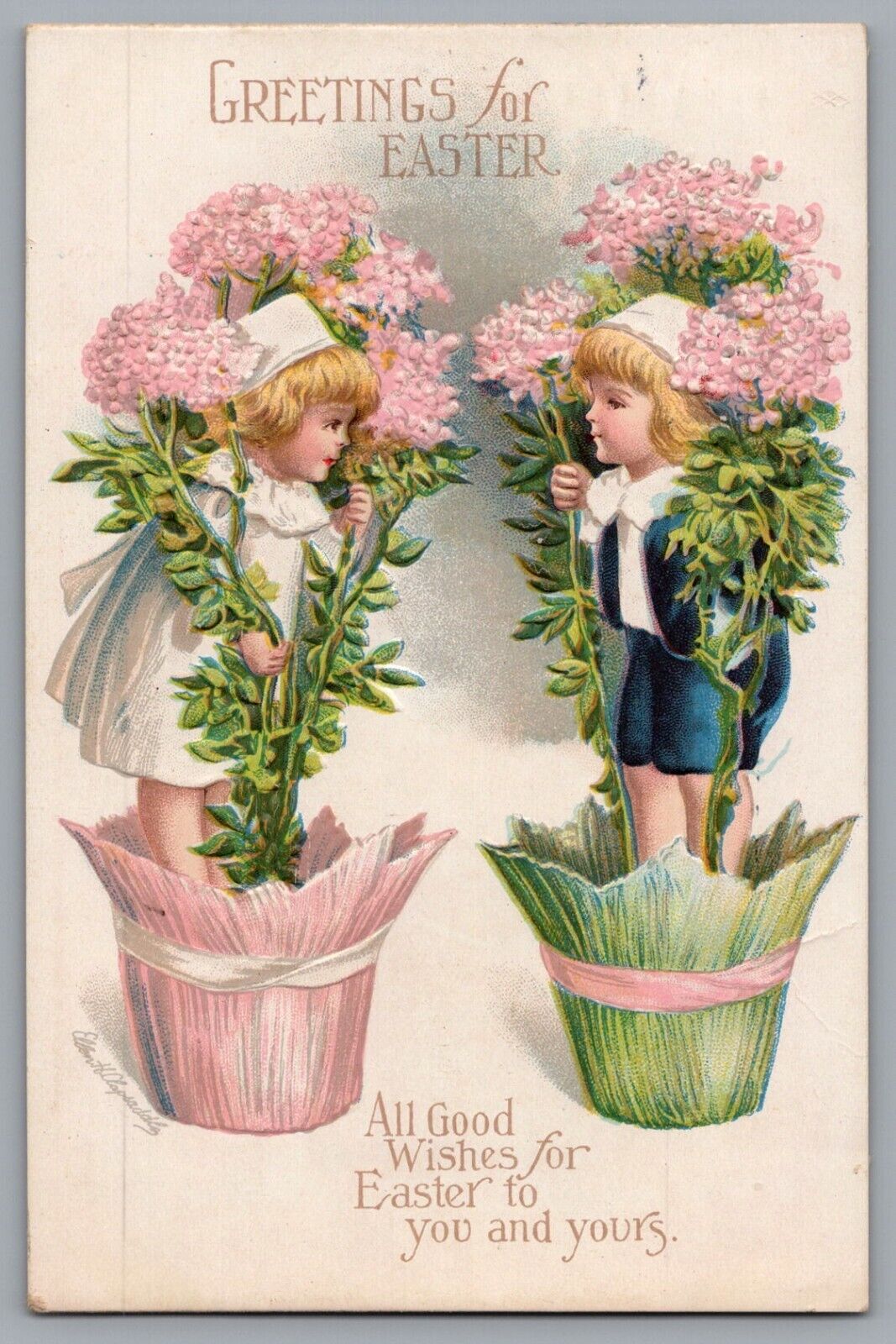 Postcard Easter a/s Clapsaddle Children in Flowerpots All Good Wishes 1916 A270