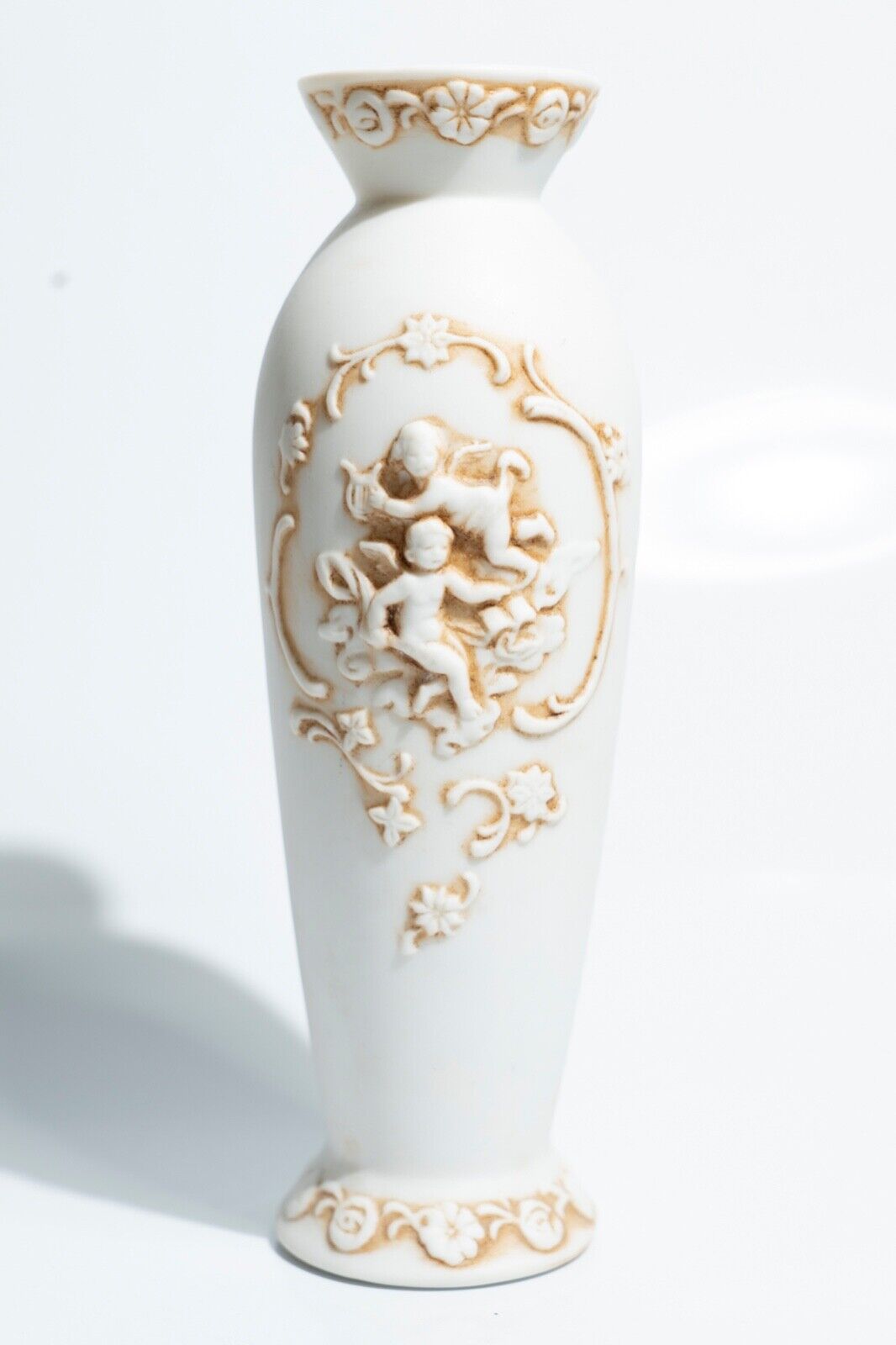 Vintage Lefton Antiqued Cherub Bud Vase Porcelain Bisque Raised Angels Floral
