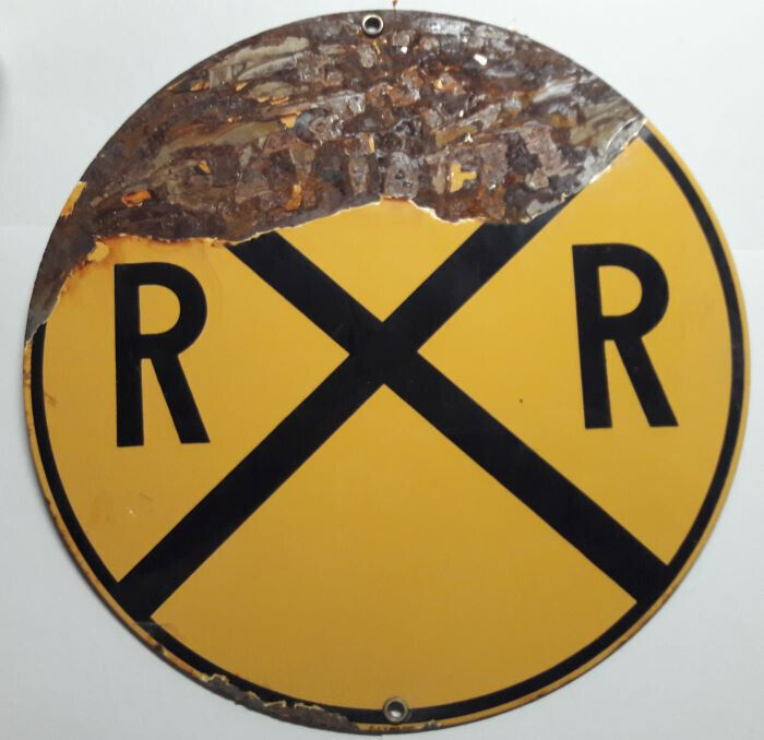 RR Crossing sign, well rusted,  Ande Rooney Porcelain Sign Collectible Used