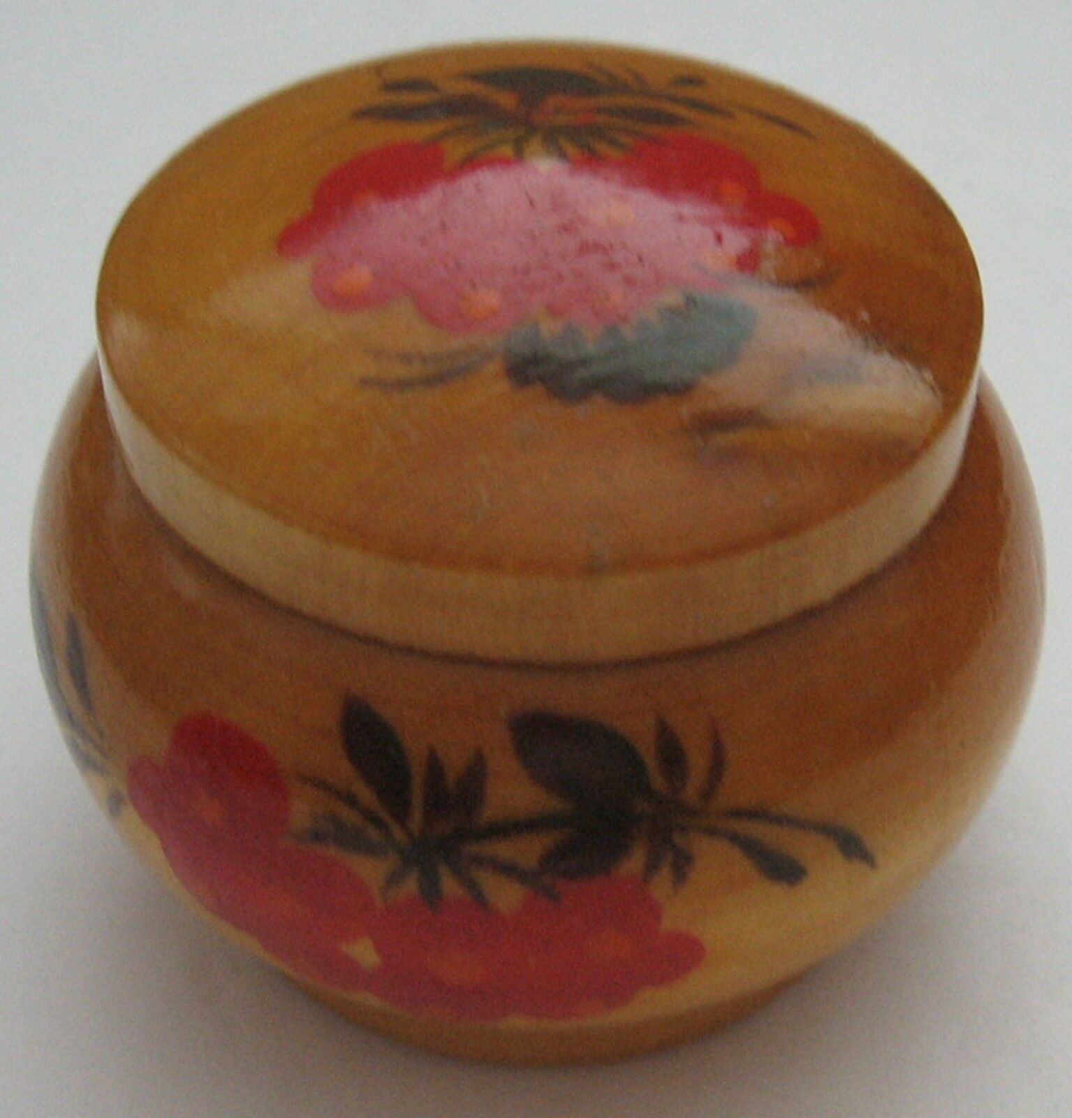 Vintage Wood Trinket Box Small Round Blond Cherry Blossoms Fruit Flowers Floral