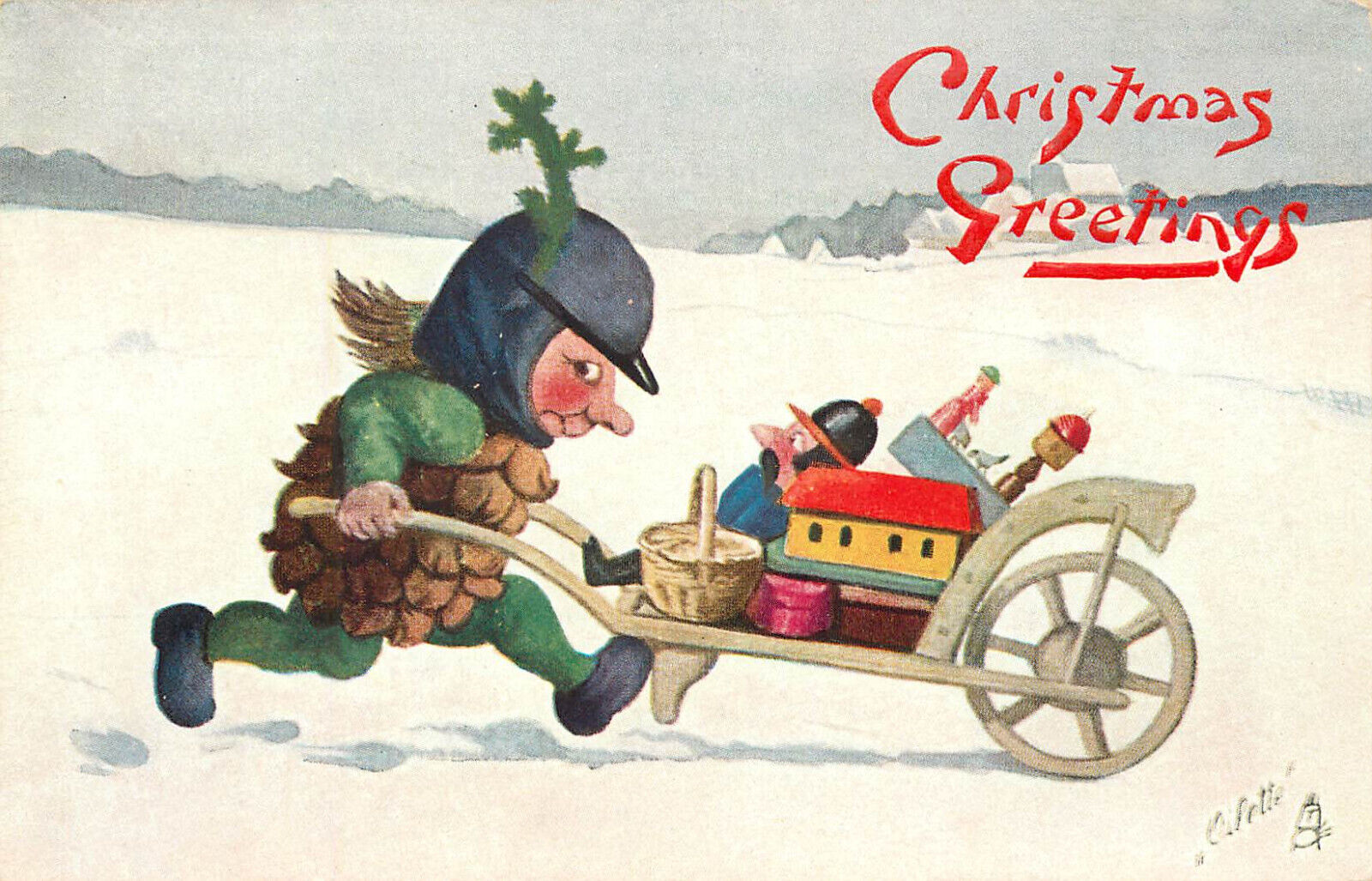 Tuck Christmas Postcard C1883 Pine Cone Man Wheelbarrows Load Of Toys Fialkowska
