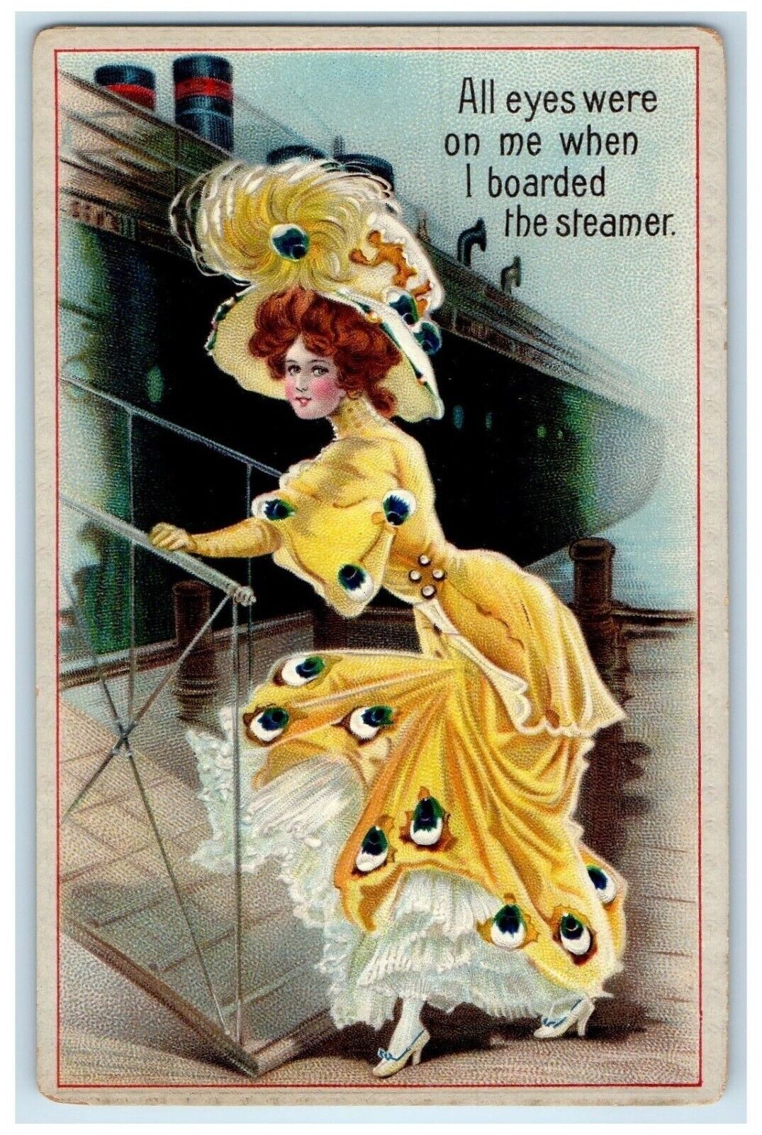 c1910\'s Pretty Woman All Eyes Were On Me When I Boarded The Steamer Postcard