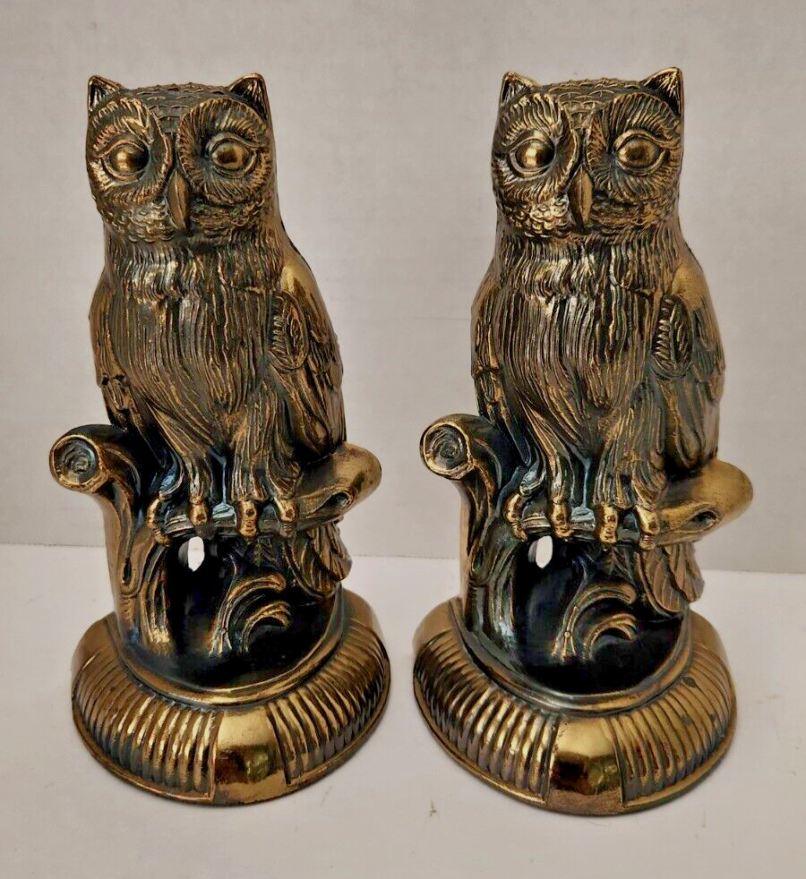 Pair of 1974 SCC Cast Metal Owl Bookends with Brass Finish